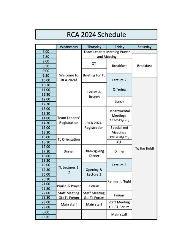 RCA 2024 schedule